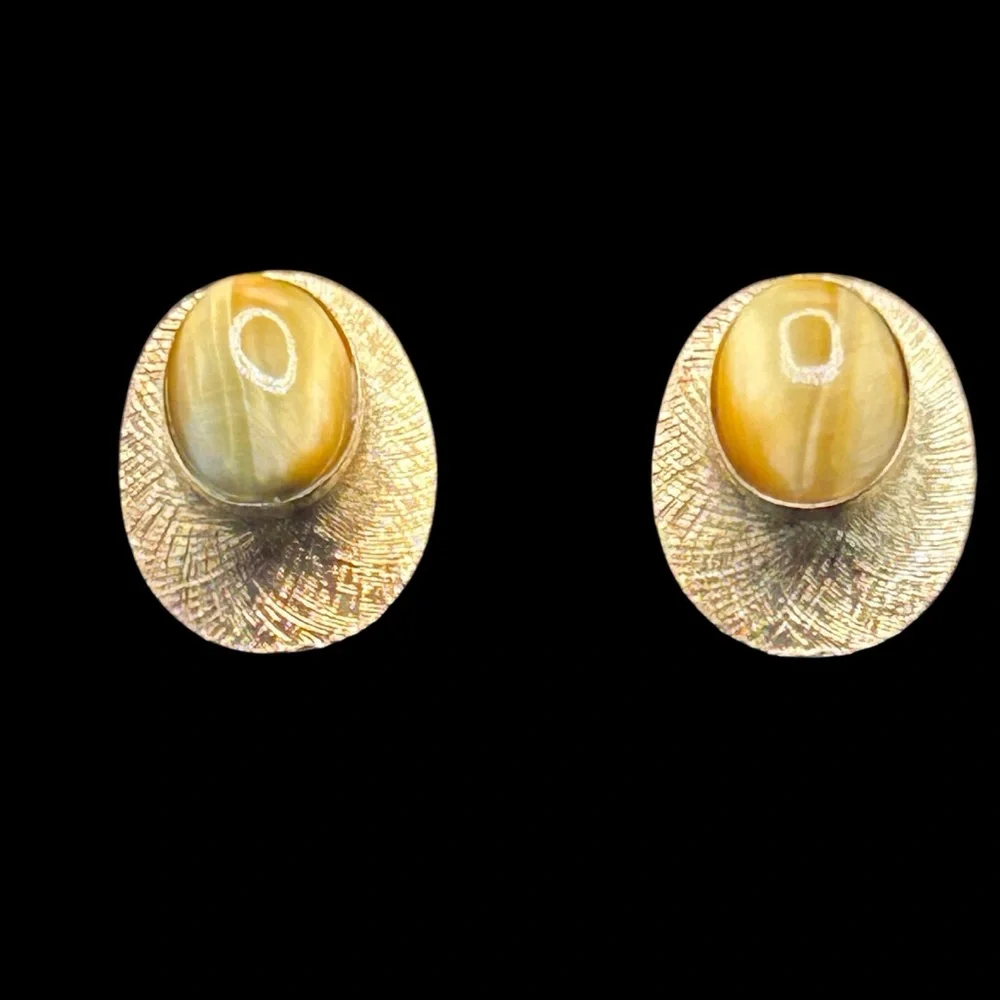 Sterling Vermeil Genuine Cats Eye Modernist Cuff Links Signed T2